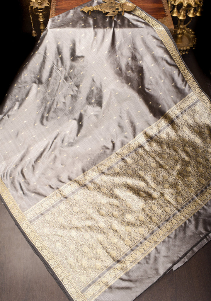 Gray Lightweight Banarasi Silk Sarees with Minimalistic Resham Border and dainty buttas | SILK MARK CERTIFIED
