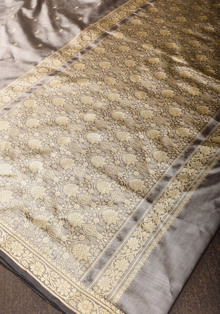 Gray Lightweight Banarasi Silk Sarees with Minimalistic Resham Border and dainty buttas | SILK MARK CERTIFIED