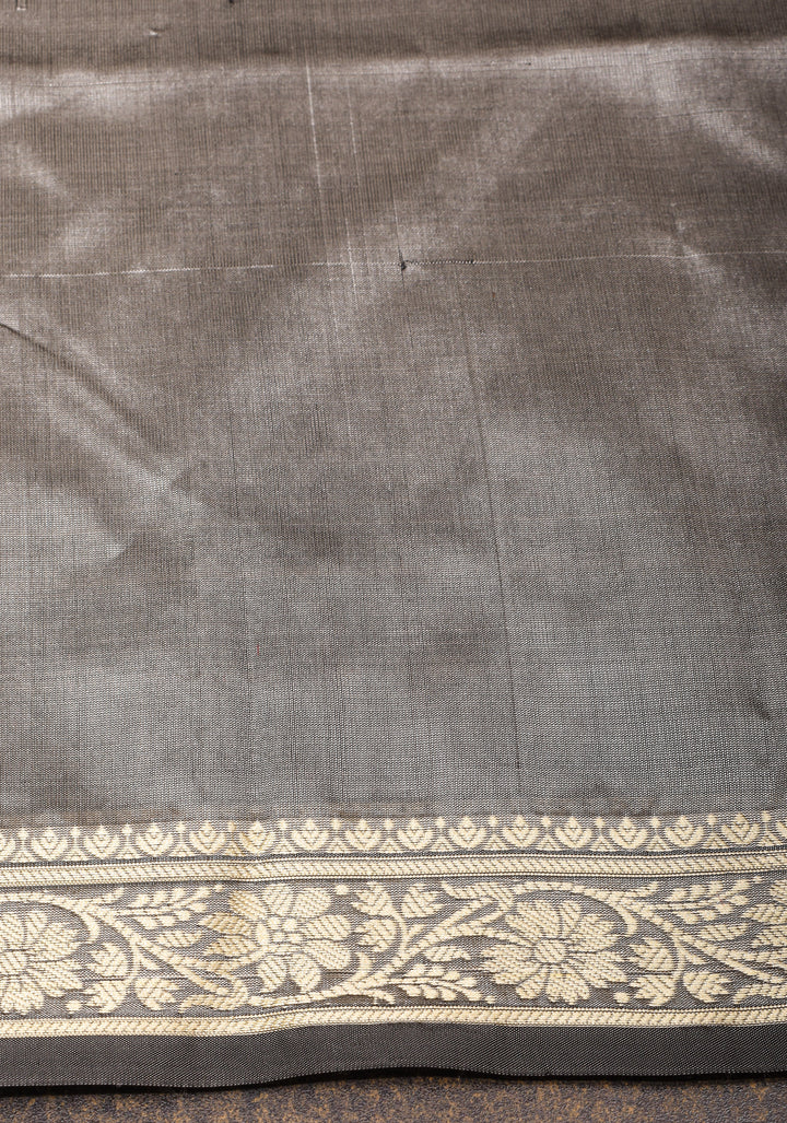 Gray Lightweight Banarasi Silk Sarees with Minimalistic Resham Border and dainty buttas | SILK MARK CERTIFIED