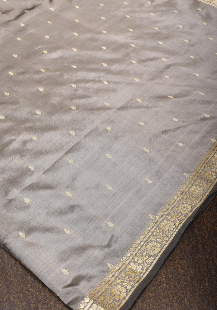 Gray Lightweight Banarasi Silk Sarees with Minimalistic Resham Border and dainty buttas | SILK MARK CERTIFIED
