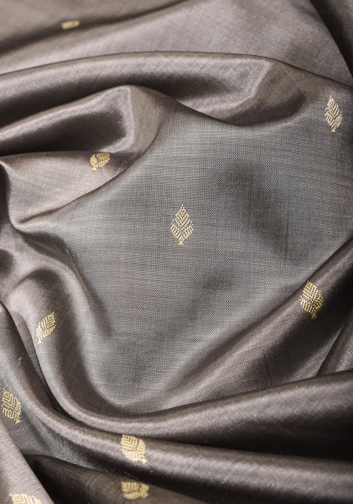 Gray Lightweight Banarasi Silk Sarees with Minimalistic Resham Border and dainty buttas | SILK MARK CERTIFIED