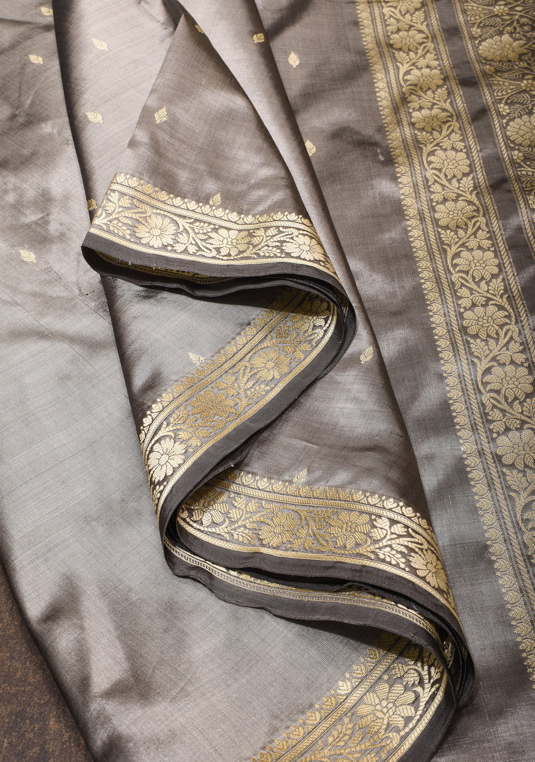 Gray Lightweight Banarasi Silk Sarees with Minimalistic Resham Border and dainty buttas | SILK MARK CERTIFIED