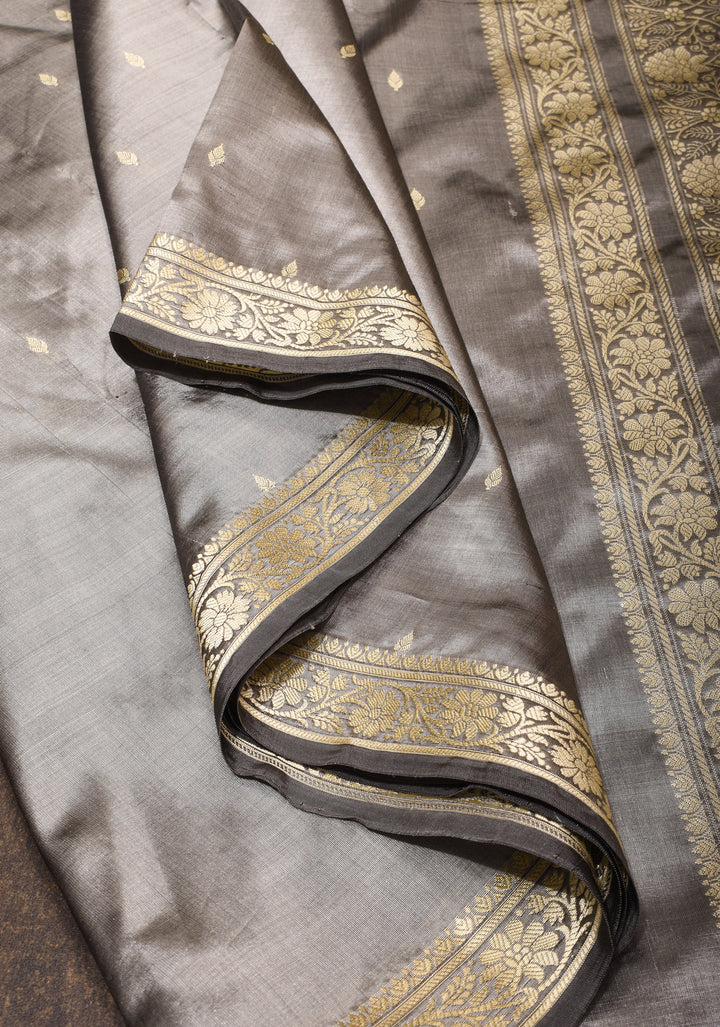 Gray Lightweight Banarasi Silk Sarees with Minimalistic Resham Border and dainty buttas | SILK MARK CERTIFIED