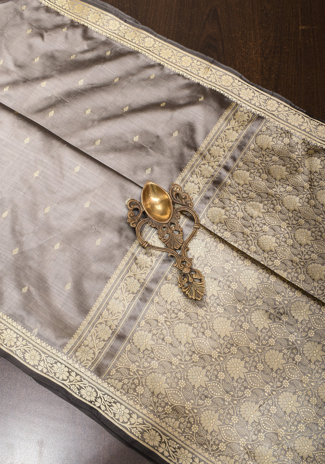 Gray Lightweight Banarasi Silk Sarees with Minimalistic Resham Border and dainty buttas | SILK MARK CERTIFIED
