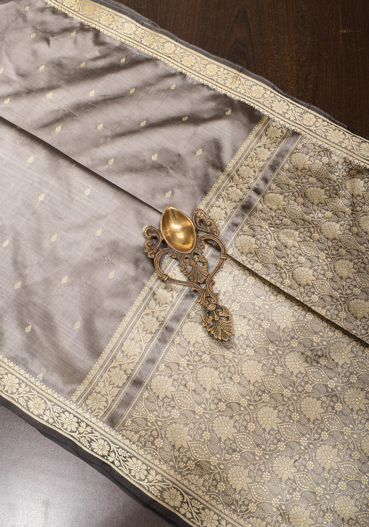 Gray Lightweight Banarasi Silk Sarees with Minimalistic Resham Border and dainty buttas | SILK MARK CERTIFIED