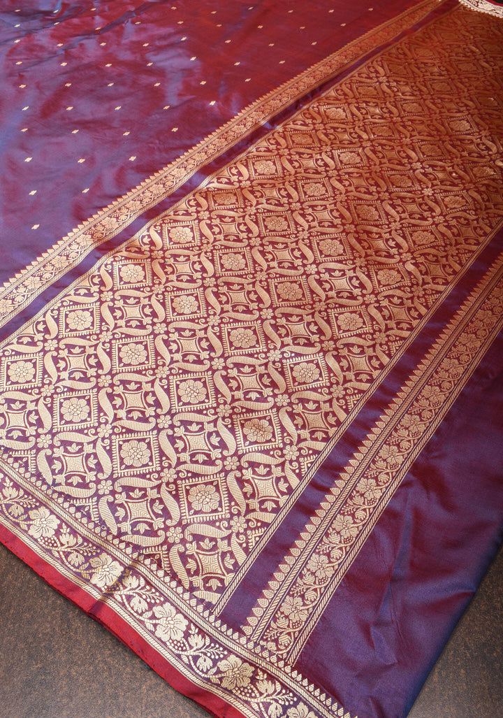 Exquisite Lightweight Banarasi Silk Saree in Viola Purple with Dainty Buttas and Refined Contrast Resham Border| SILK MARK CERTIFIED