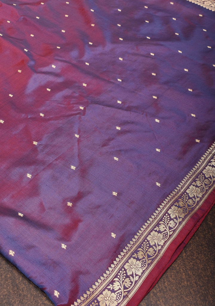 Exquisite Lightweight Banarasi Silk Saree in Viola Purple with Dainty Buttas and Refined Contrast Resham Border| SILK MARK CERTIFIED