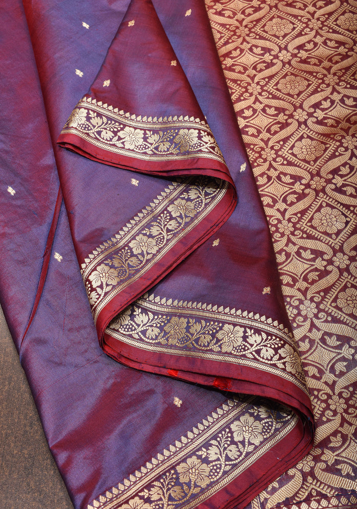 Exquisite Lightweight Banarasi Silk Saree in Viola Purple with Dainty Buttas and Refined Contrast Resham Border| SILK MARK CERTIFIED