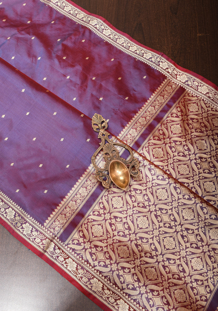 Exquisite Lightweight Banarasi Silk Saree in Viola Purple with Dainty Buttas and Refined Contrast Resham Border| SILK MARK CERTIFIED