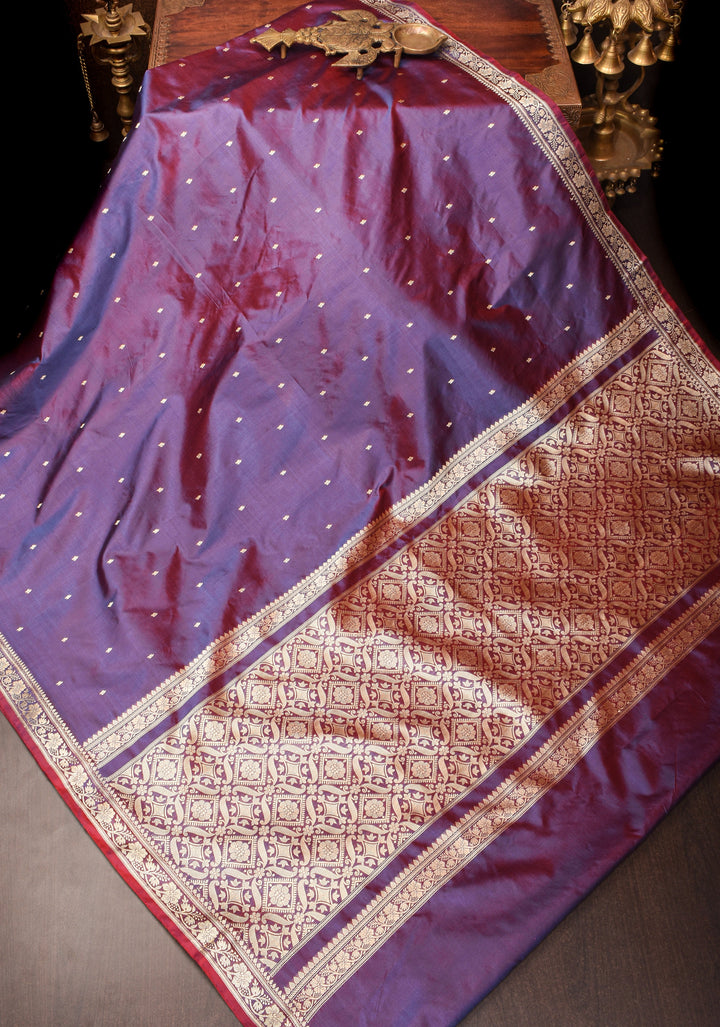 Exquisite Lightweight Banarasi Silk Saree in Viola Purple with Dainty Buttas and Refined Contrast Resham Border| SILK MARK CERTIFIED