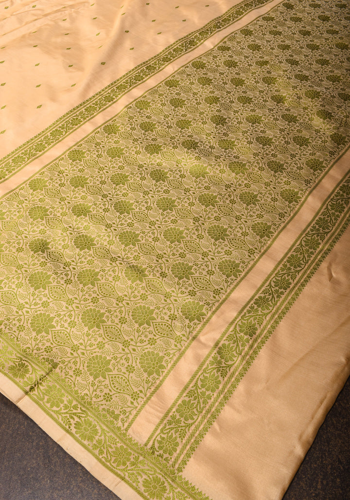 Exquisite Lightweight Banarasi Silk Saree in Beige with Dainty Buttas and Refined Contrast Resham Border| SILK MARK CERTIFIED