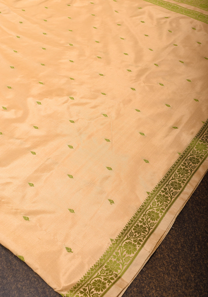 Exquisite Lightweight Banarasi Silk Saree in Beige with Dainty Buttas and Refined Contrast Resham Border| SILK MARK CERTIFIED