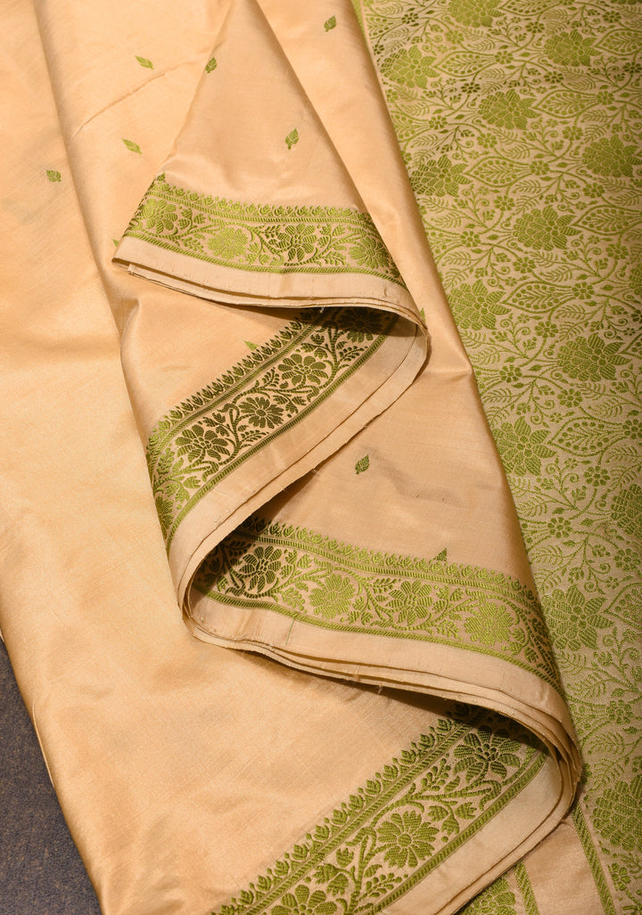 Exquisite Lightweight Banarasi Silk Saree in Beige with Dainty Buttas and Refined Contrast Resham Border| SILK MARK CERTIFIED