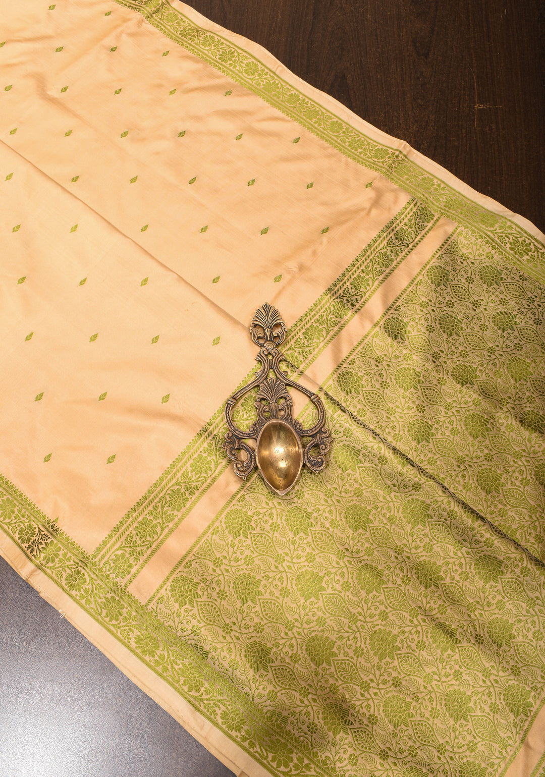 Exquisite Lightweight Banarasi Silk Saree in Beige with Dainty Buttas and Refined Contrast Resham Border| SILK MARK CERTIFIED