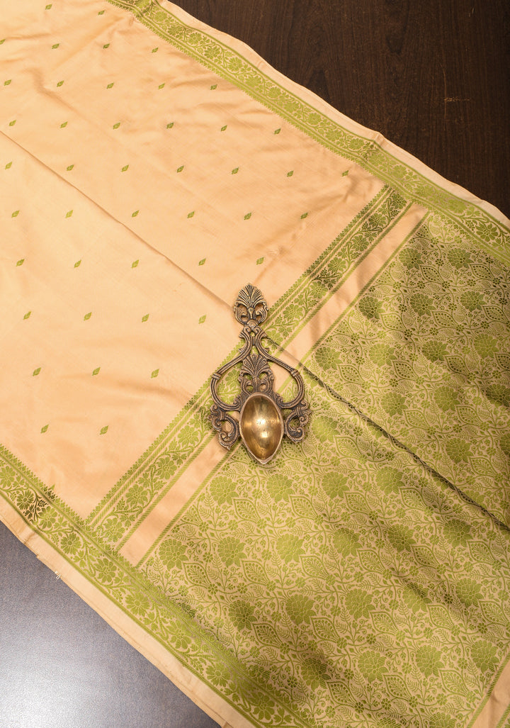 Exquisite Lightweight Banarasi Silk Saree in Beige with Dainty Buttas and Refined Contrast Resham Border| SILK MARK CERTIFIED