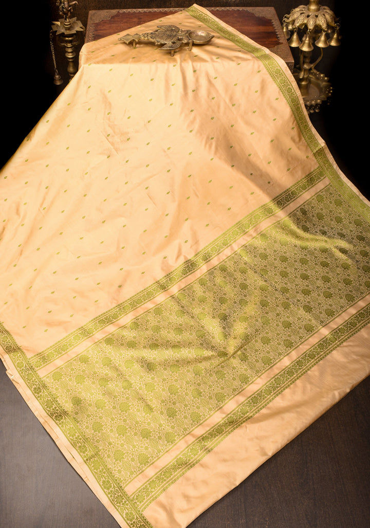 Exquisite Lightweight Banarasi Silk Saree in Beige with Dainty Buttas and Refined Contrast Resham Border| SILK MARK CERTIFIED