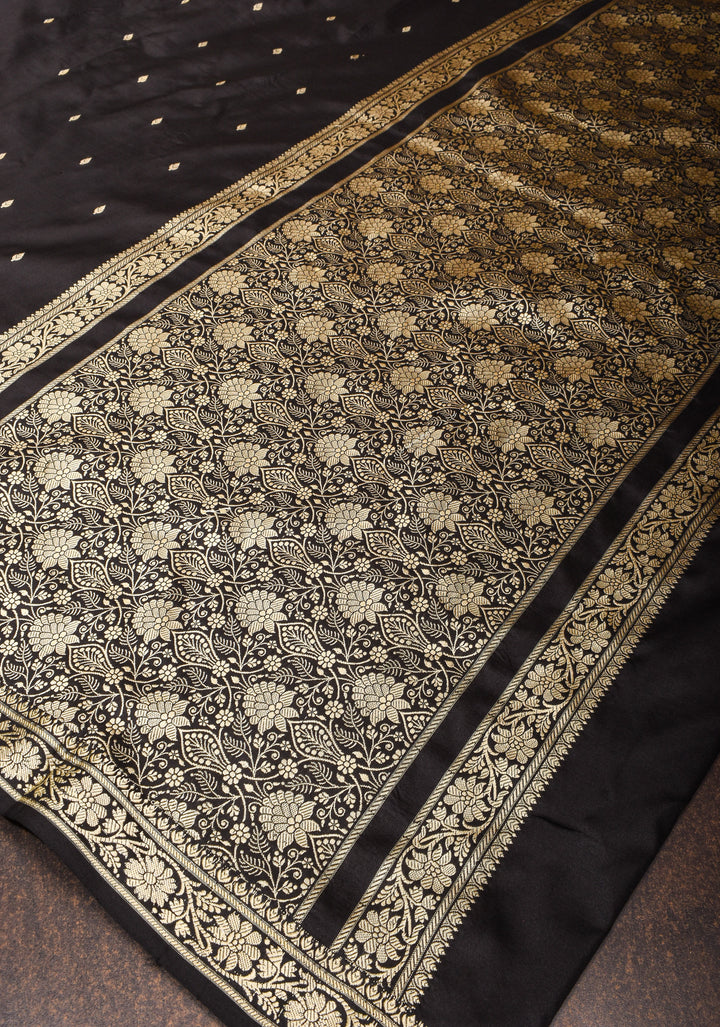 Black Lightweight Banarasi Silk Saree with Dainty Buttas and Minimalistic Resham Border | SILK MARK CERTIFIED