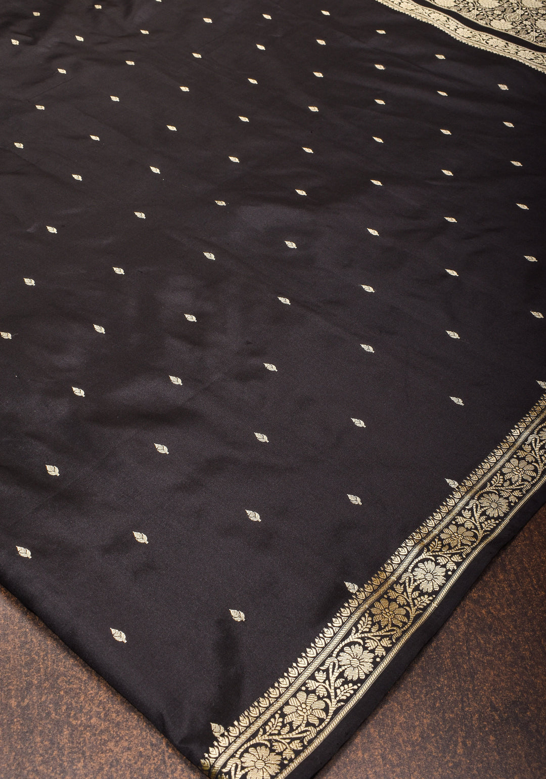 Black Lightweight Banarasi Silk Saree with Dainty Buttas and Minimalistic Resham Border | SILK MARK CERTIFIED