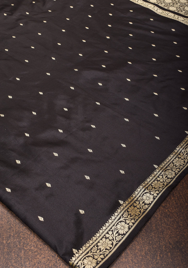 Black Lightweight Banarasi Silk Saree with Dainty Buttas and Minimalistic Resham Border | SILK MARK CERTIFIED