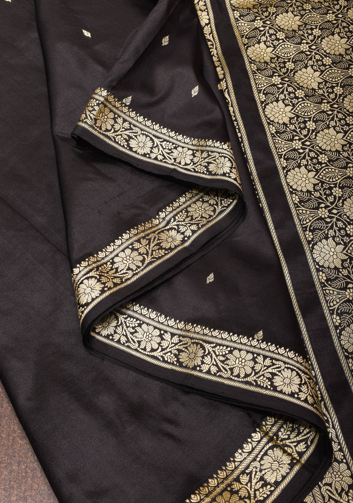Black Lightweight Banarasi Silk Saree with Dainty Buttas and Minimalistic Resham Border | SILK MARK CERTIFIED