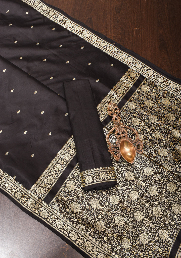 Black Lightweight Banarasi Silk Saree with Dainty Buttas and Minimalistic Resham Border | SILK MARK CERTIFIED