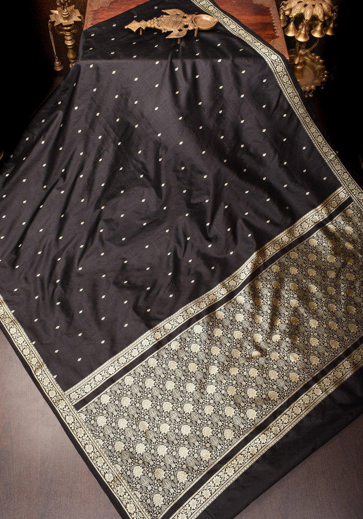Black Lightweight Banarasi Silk Saree with Dainty Buttas and Minimalistic Resham Border | SILK MARK CERTIFIED