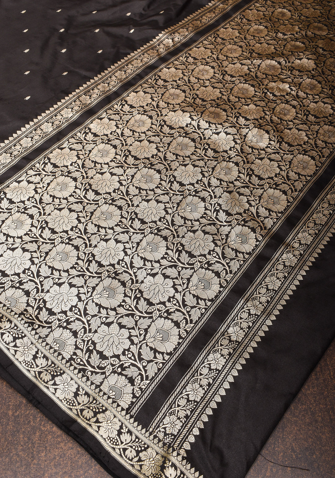 Lightweight Banarasi Silk Saree in Black with Dainty Buttas and Minimalistic Resham Border  | SILK MARK CERTIFIED