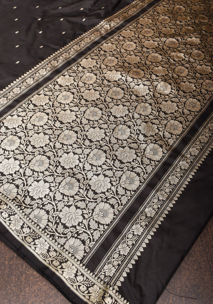 Lightweight Banarasi Silk Saree in Black with Dainty Buttas and Minimalistic Resham Border  | SILK MARK CERTIFIED