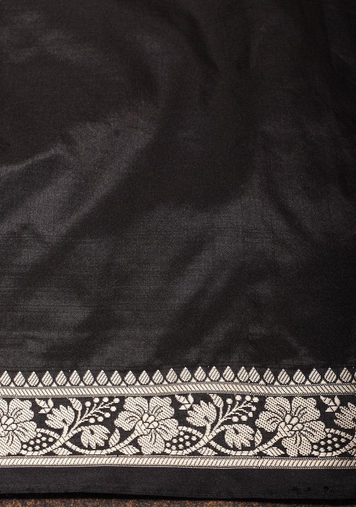 Lightweight Banarasi Silk Saree in Black with Dainty Buttas and Minimalistic Resham Border  | SILK MARK CERTIFIED
