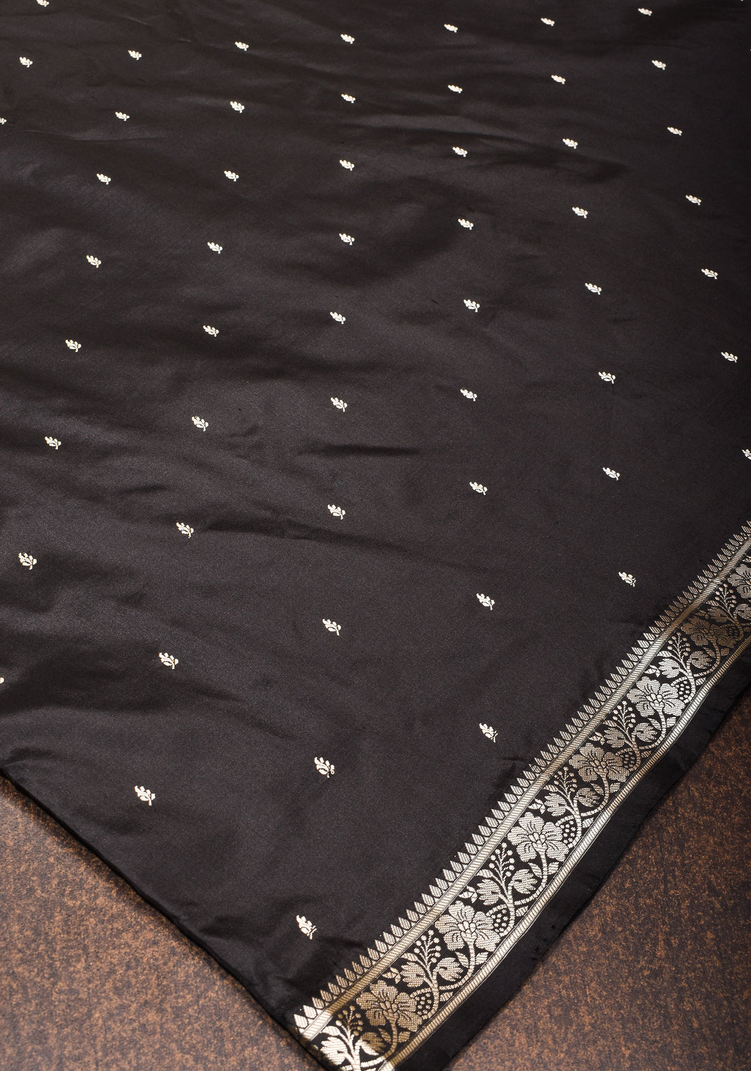 Lightweight Banarasi Silk Saree in Black with Dainty Buttas and Minimalistic Resham Border  | SILK MARK CERTIFIED