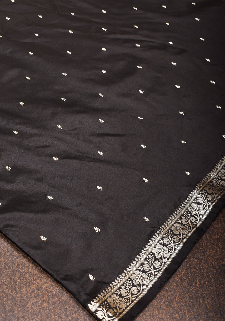 Lightweight Banarasi Silk Saree in Black with Dainty Buttas and Minimalistic Resham Border  | SILK MARK CERTIFIED