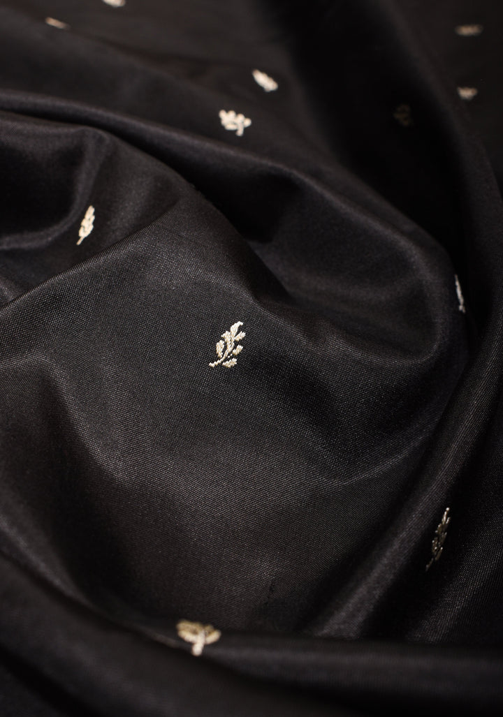 Lightweight Banarasi Silk Saree in Black with Dainty Buttas and Minimalistic Resham Border  | SILK MARK CERTIFIED
