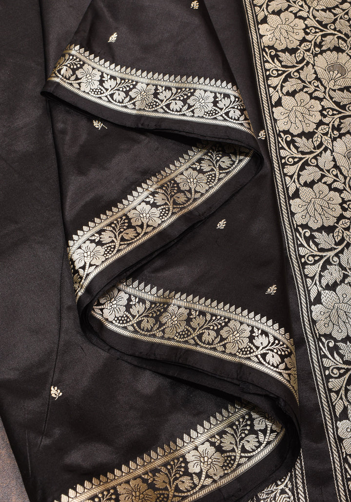 Lightweight Banarasi Silk Saree in Black with Dainty Buttas and Minimalistic Resham Border  | SILK MARK CERTIFIED
