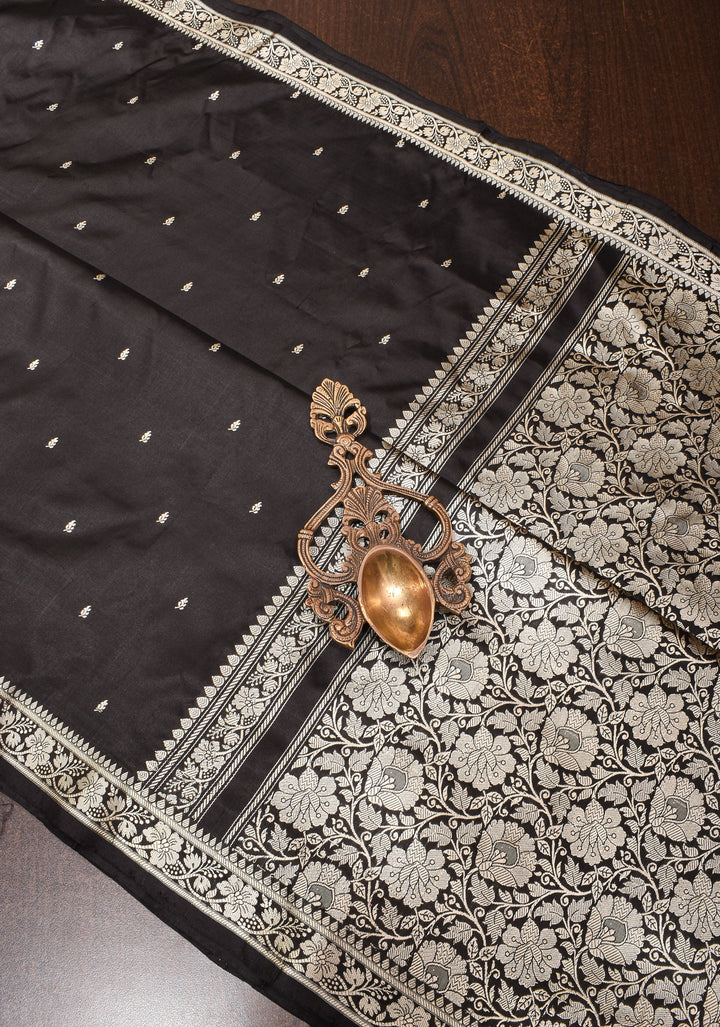 Lightweight Banarasi Silk Saree in Black with Dainty Buttas and Minimalistic Resham Border  | SILK MARK CERTIFIED