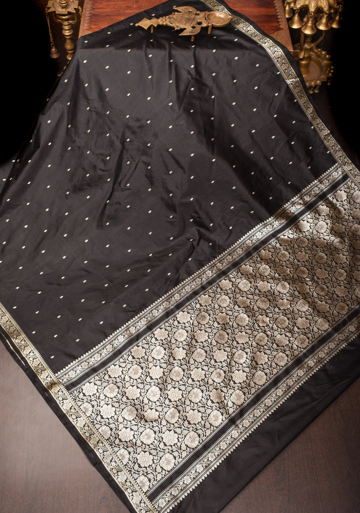 Lightweight Banarasi Silk Saree in Black with Dainty Buttas and Minimalistic Resham Border  | SILK MARK CERTIFIED