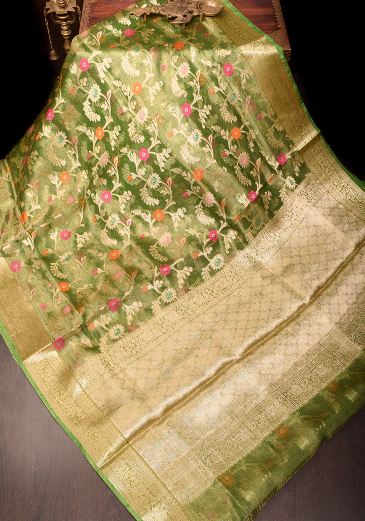 Green Kota Doria Tissue Cotton Saree with Meenakari Floral Jaal and Zari Border