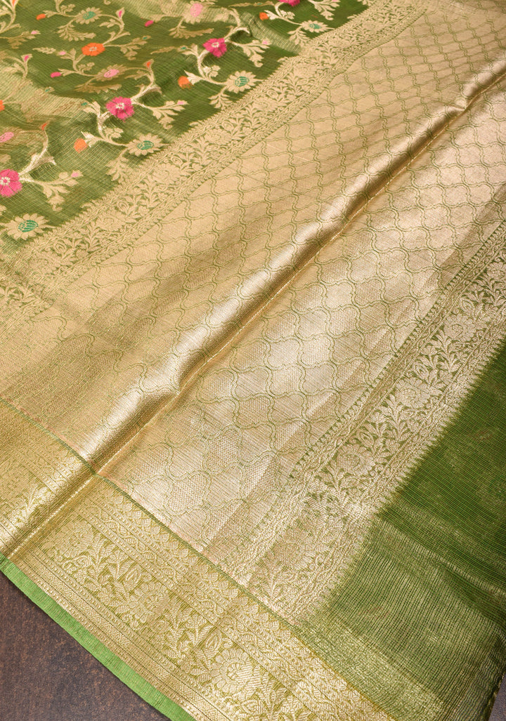 Green Kota Doria Tissue Cotton Saree with Meenakari Floral Jaal and Zari Border
