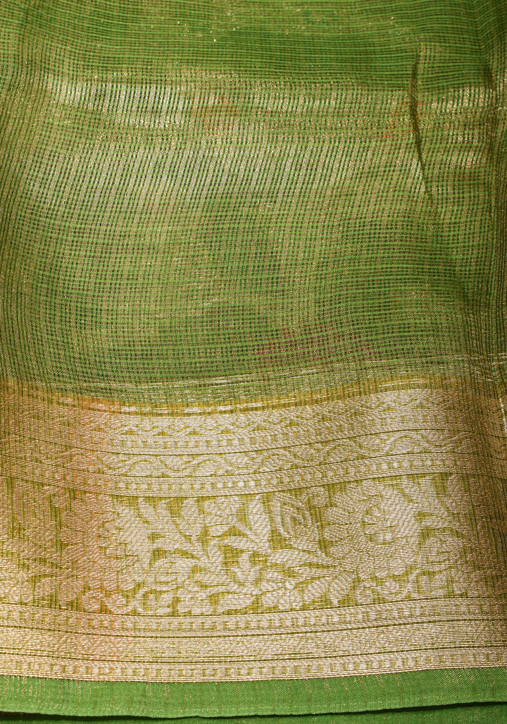 Green Kota Doria Tissue Cotton Saree with Meenakari Floral Jaal and Zari Border
