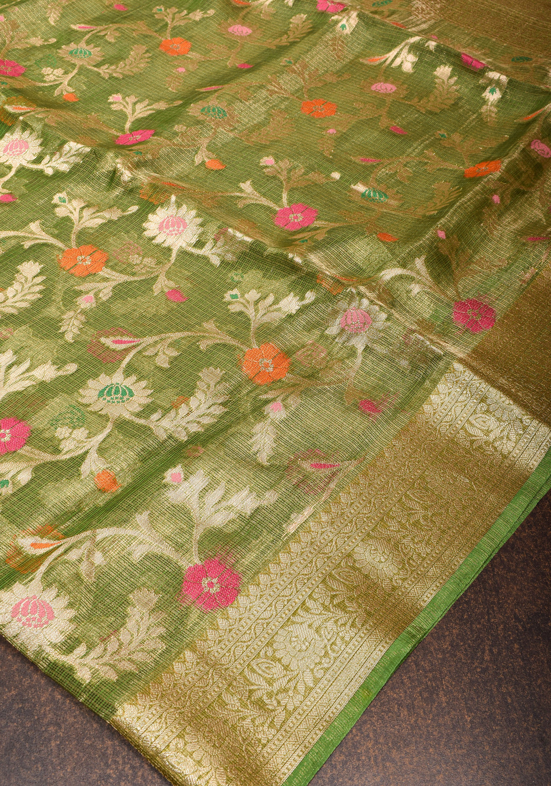 Green Kota Doria Tissue Cotton Saree with Meenakari Floral Jaal and Zari Border
