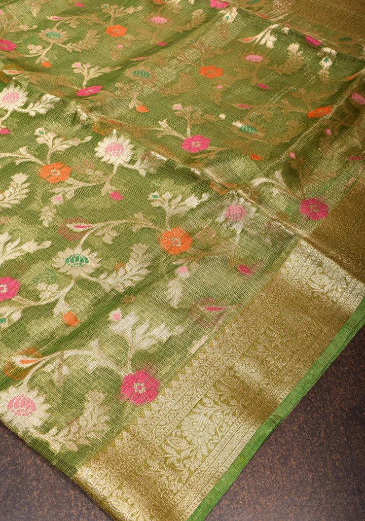 Green Kota Doria Tissue Cotton Saree with Meenakari Floral Jaal and Zari Border
