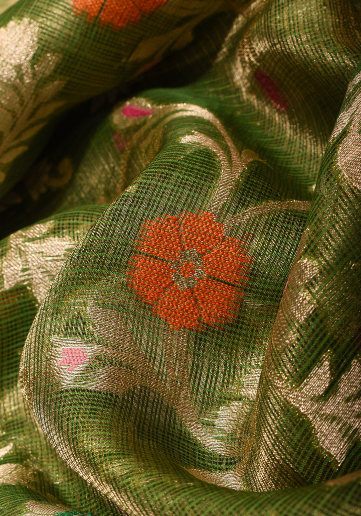 Green Kota Doria Tissue Cotton Saree with Meenakari Floral Jaal and Zari Border