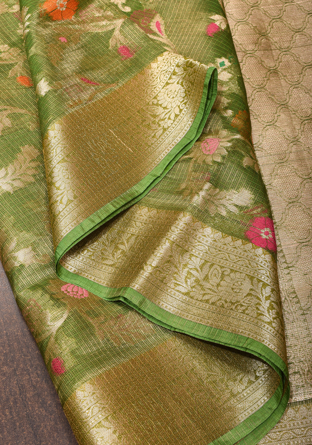 Green Kota Doria Tissue Cotton Saree with Meenakari Floral Jaal and Zari Border