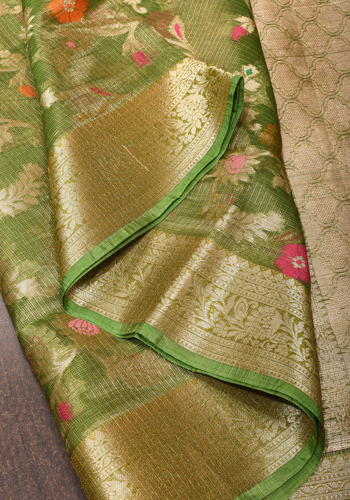 Green Kota Doria Tissue Cotton Saree with Meenakari Floral Jaal and Zari Border
