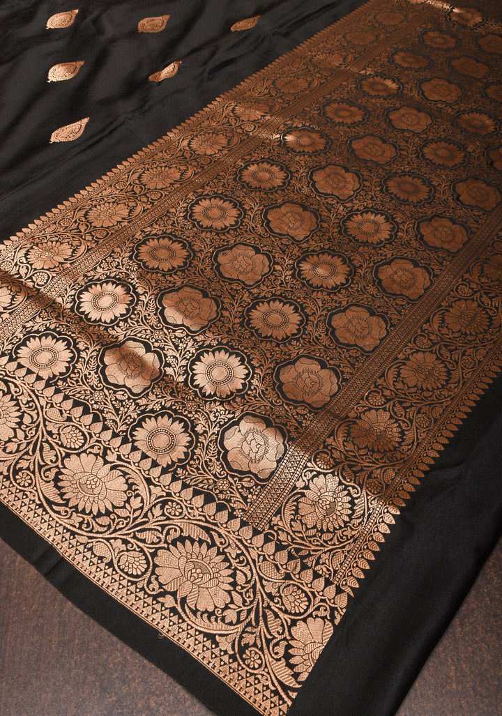 Banarasi Mashru Silk Saree in Black with Damask Motifs And Zari Border | SILK MARK CERTIFIED