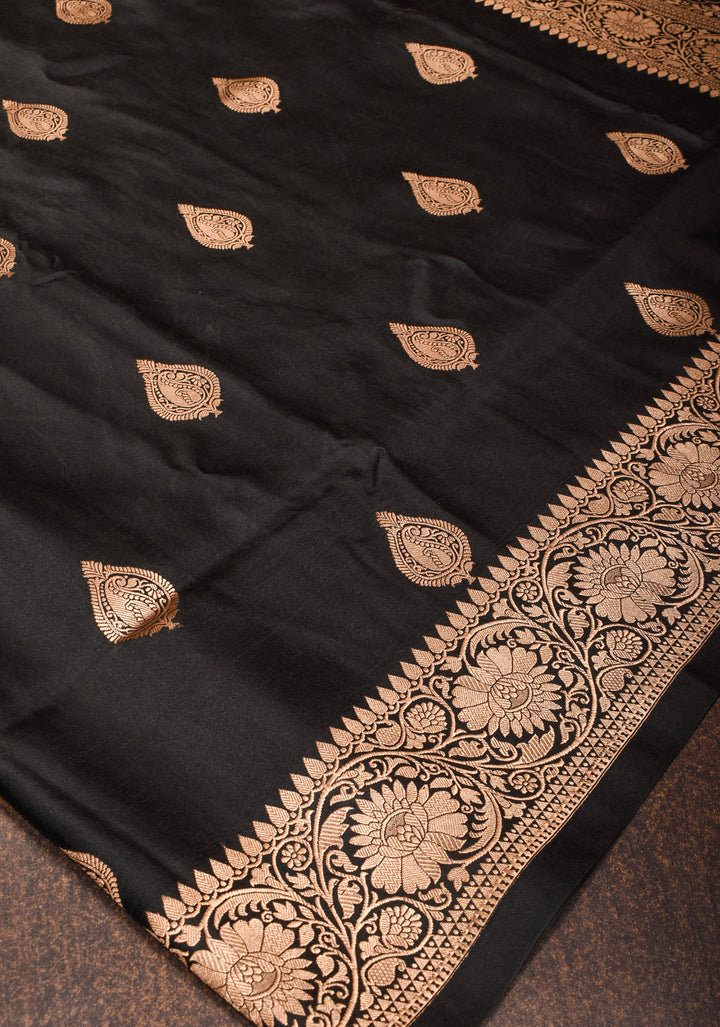 Banarasi Mashru Silk Saree in Black with Damask Motifs And Zari Border | SILK MARK CERTIFIED