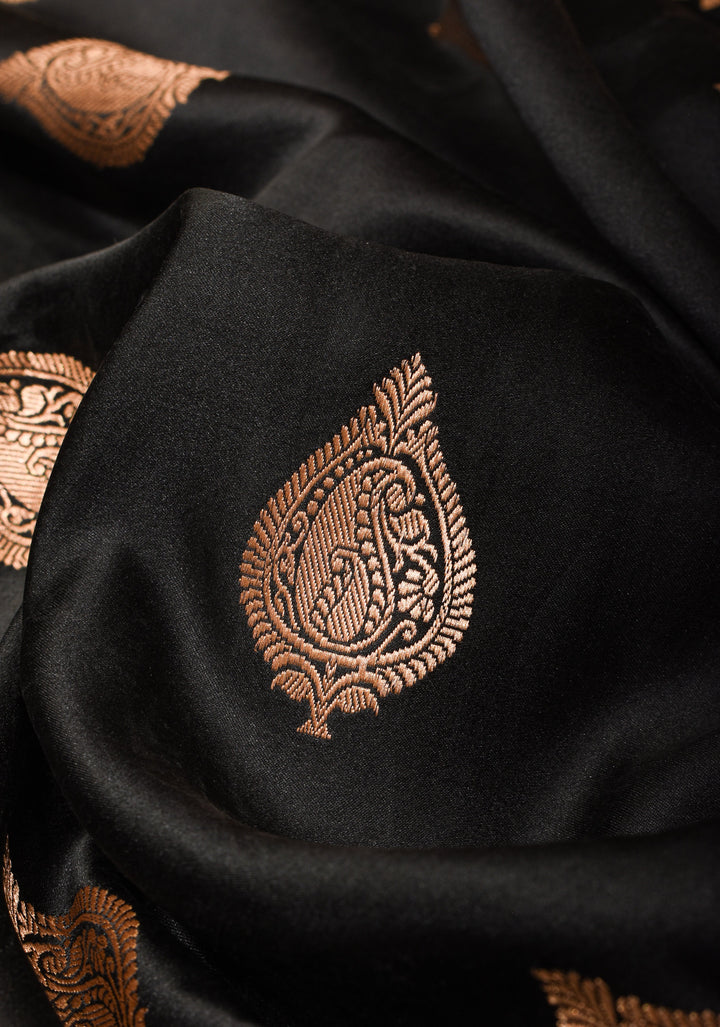 Banarasi Mashru Silk Saree in Black with Damask Motifs And Zari Border | SILK MARK CERTIFIED