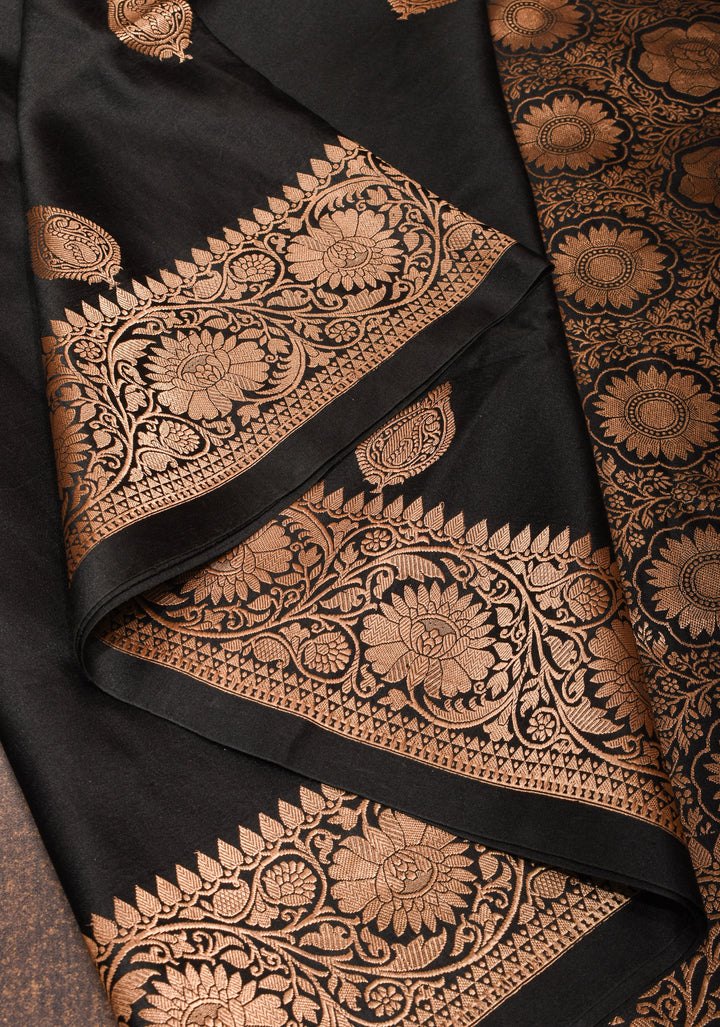 Banarasi Mashru Silk Saree in Black with Damask Motifs And Zari Border | SILK MARK CERTIFIED