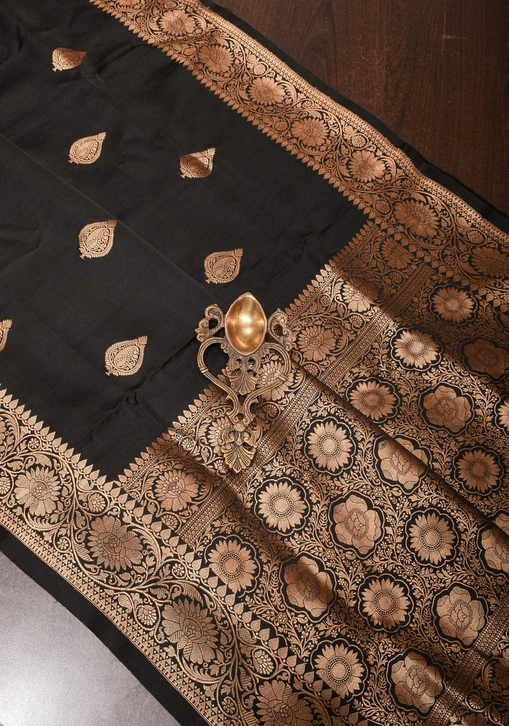 Banarasi Mashru Silk Saree in Black with Damask Motifs And Zari Border | SILK MARK CERTIFIED
