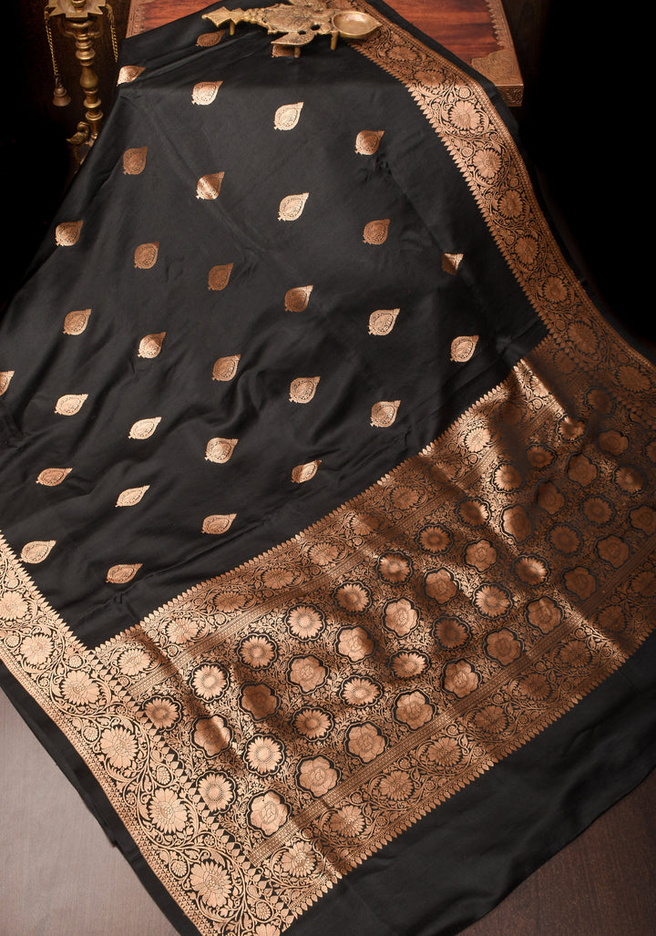 Banarasi Mashru Silk Saree in Black with Damask Motifs And Zari Border | SILK MARK CERTIFIED