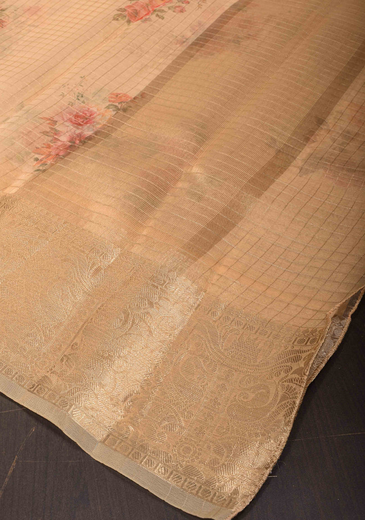 Checks Pure Organza Silk Saree in Dark Beige with Floral Digital Print and Zari Border| SILK MARK CERTIFIED